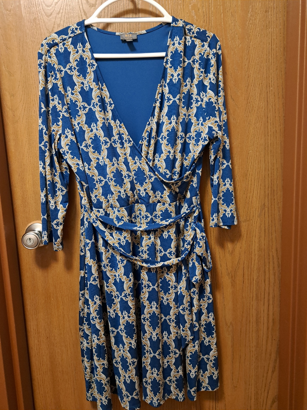 Blue and Cream Long-Sleeve Wrap Dress with Self-Tie Waist